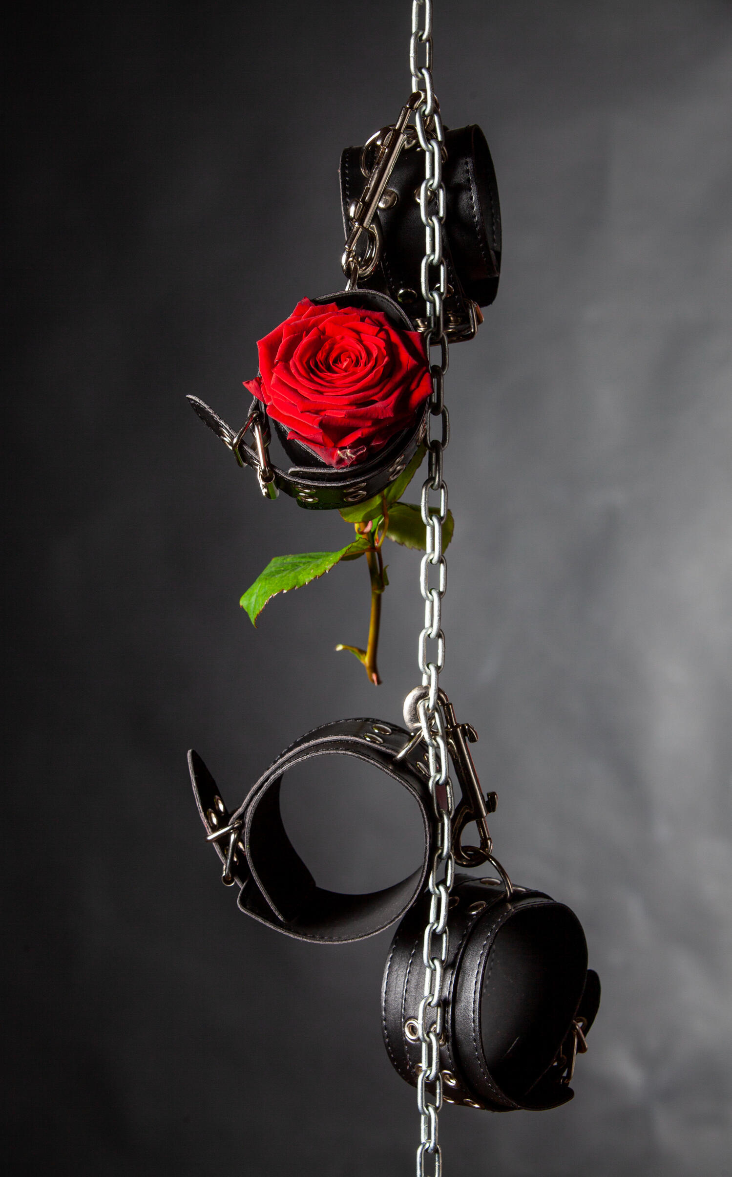 Hanging chains with leather cuffs and roses